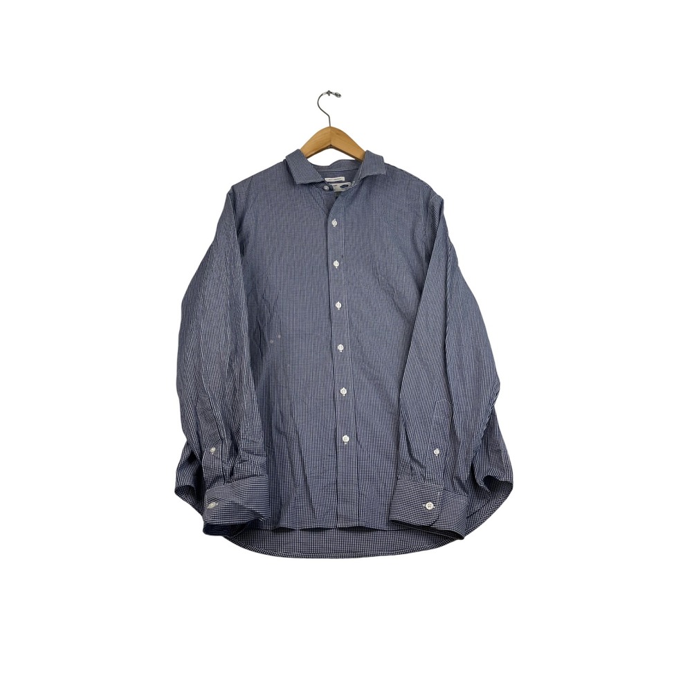 Old Navy Mens Signature Shirt Slim Fit Long Sleeve Gingham Navy Blue White Large